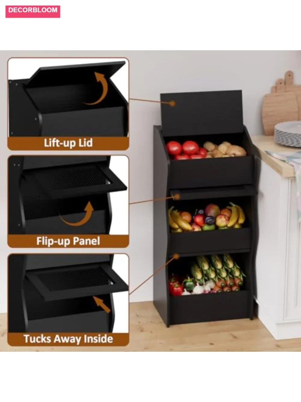3-Tier Wooden Potato Onion Storage Bin with Lids